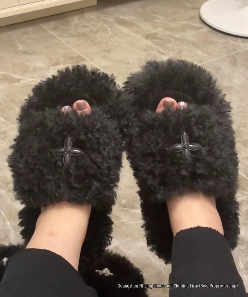 2024 High-Version SMF-K Fur Slippers: Thick-Soled Leather & Velvet Cross Design in Black/Gray