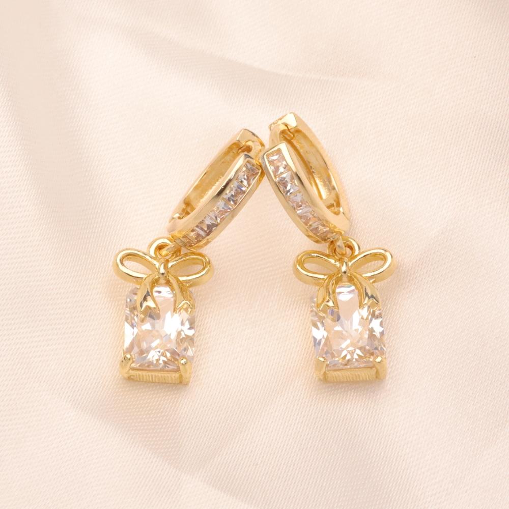 1 Pair Fashion Zirconia with Bow Dangle Earrings for Women Golden Earring Jewelry Wedding Party Accessories