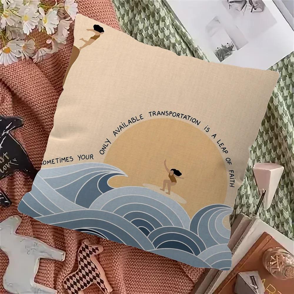 Home Decor Surfing Girl Motifs: Waves & Positive Sayings Pattern Cushion Cover Suitable for Sofa Bedroom Car Pillow Cover