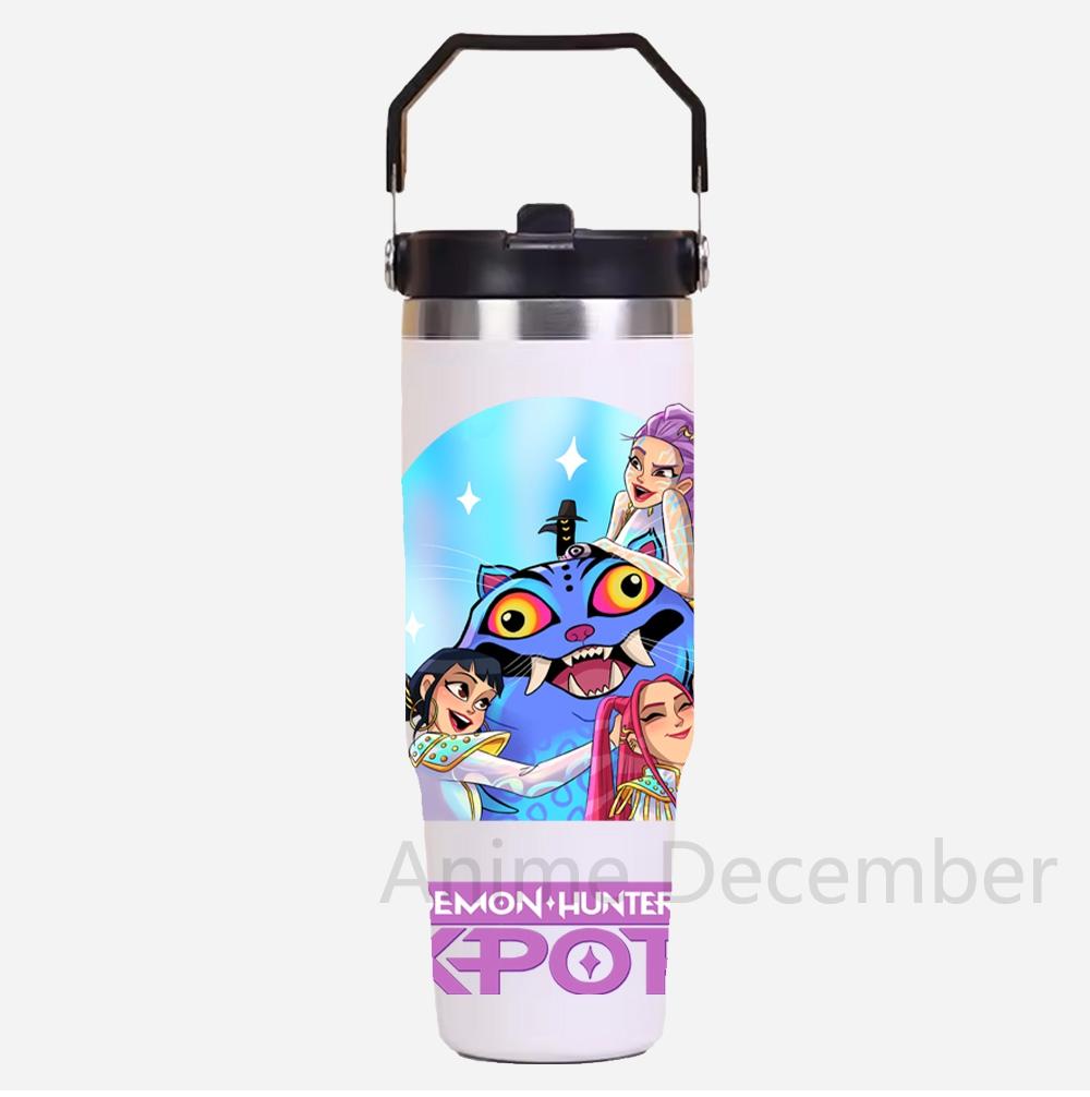 30Oz Anime K-Pop Large Capacity Portable Car Cup Stainless Steel Thermos Cup with Straw Handle Travel Sports Water Bottle Vacuum Flask