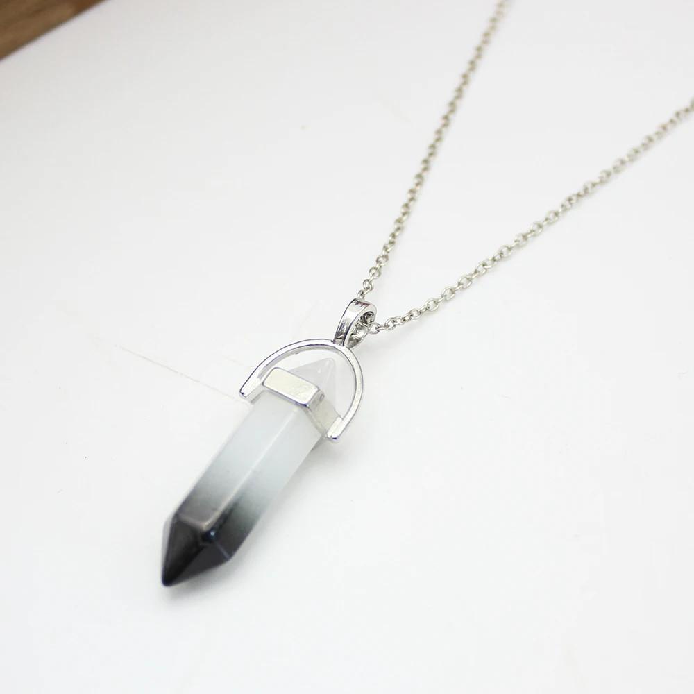 Hexagonal Column Pointed Reiki Chakra Natural Stone Pendant Necklace Women Girl Gift18inch Chain Lapis Opal Chunky Jewelry