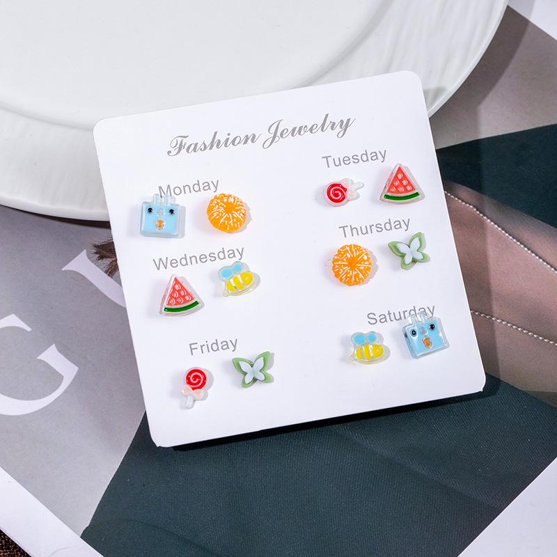 Delicate Small Fresh Week Stud Earrings Set Cute Cartoon Candy Watermelon Butterfly Imitation Silver Needle Small Daily Earrings