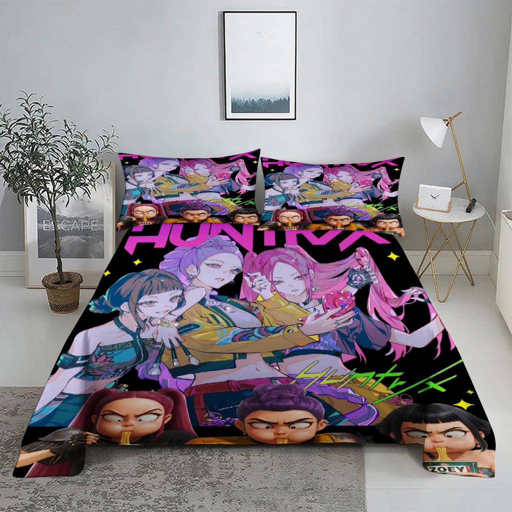 Huntrix, Rumi, Mira D-Dämonenjäger K-Pop Bettwäsche-Set 3D-bedrucktes Bettlaken mit Kissenbezug Bettwäsche King Queen Size