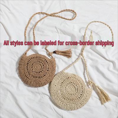 Dames Handgebreide Ronde Stro Crossbody Tas met Kwastje - Strand Schouder Gehaakte Tas