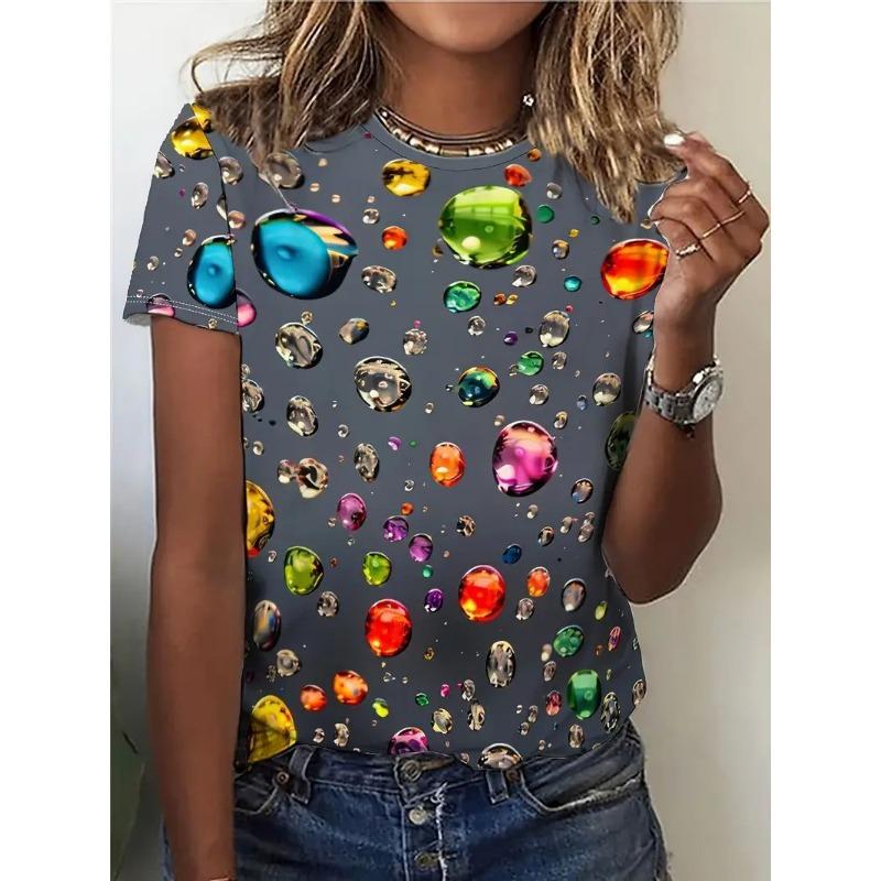 Summer Round Neck 3D Water Droplet Printed Top Fashionable Casual Short Sleeved Women's T-shirts