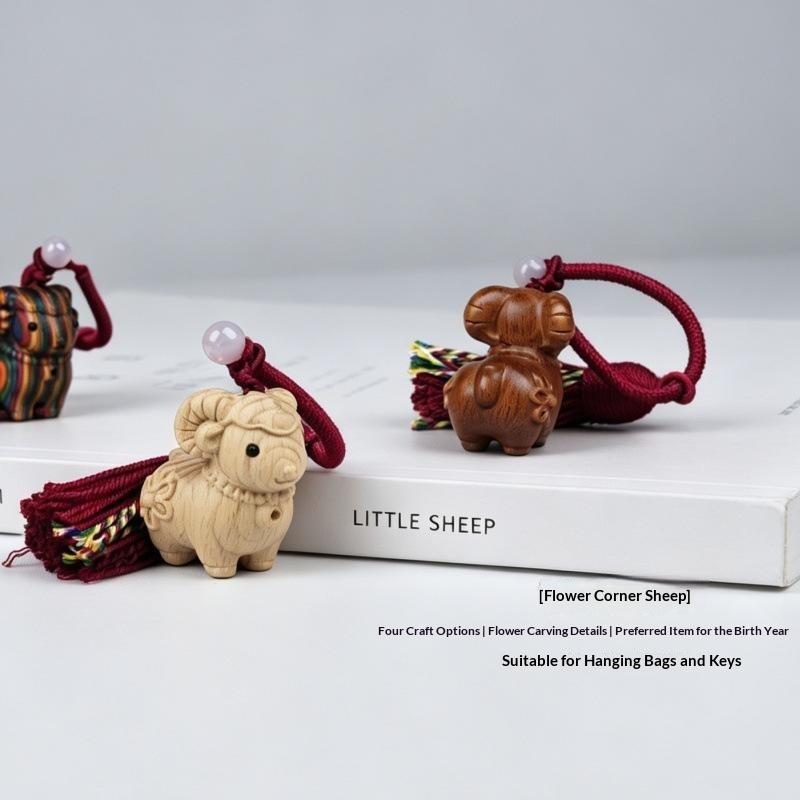 Carved Sandalwood Cute Ram Pendant Wooden Keychain Bag Decor Artistic Craft Creative Style Polished Surface Animal Zodiac