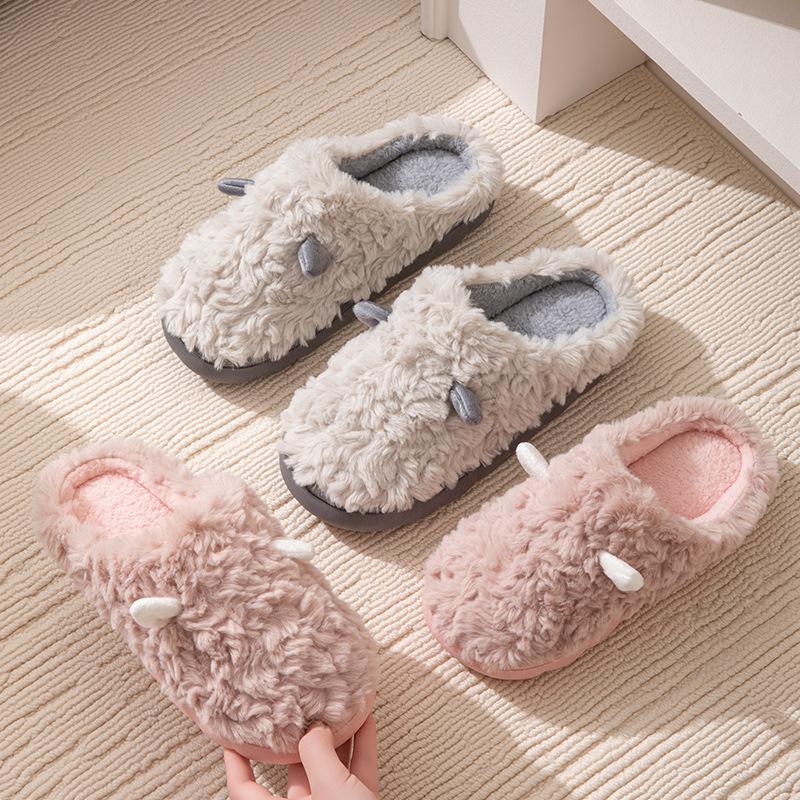 Winter cotton slippers cute ears couple home indoor warm shoes non-slip plush slippers