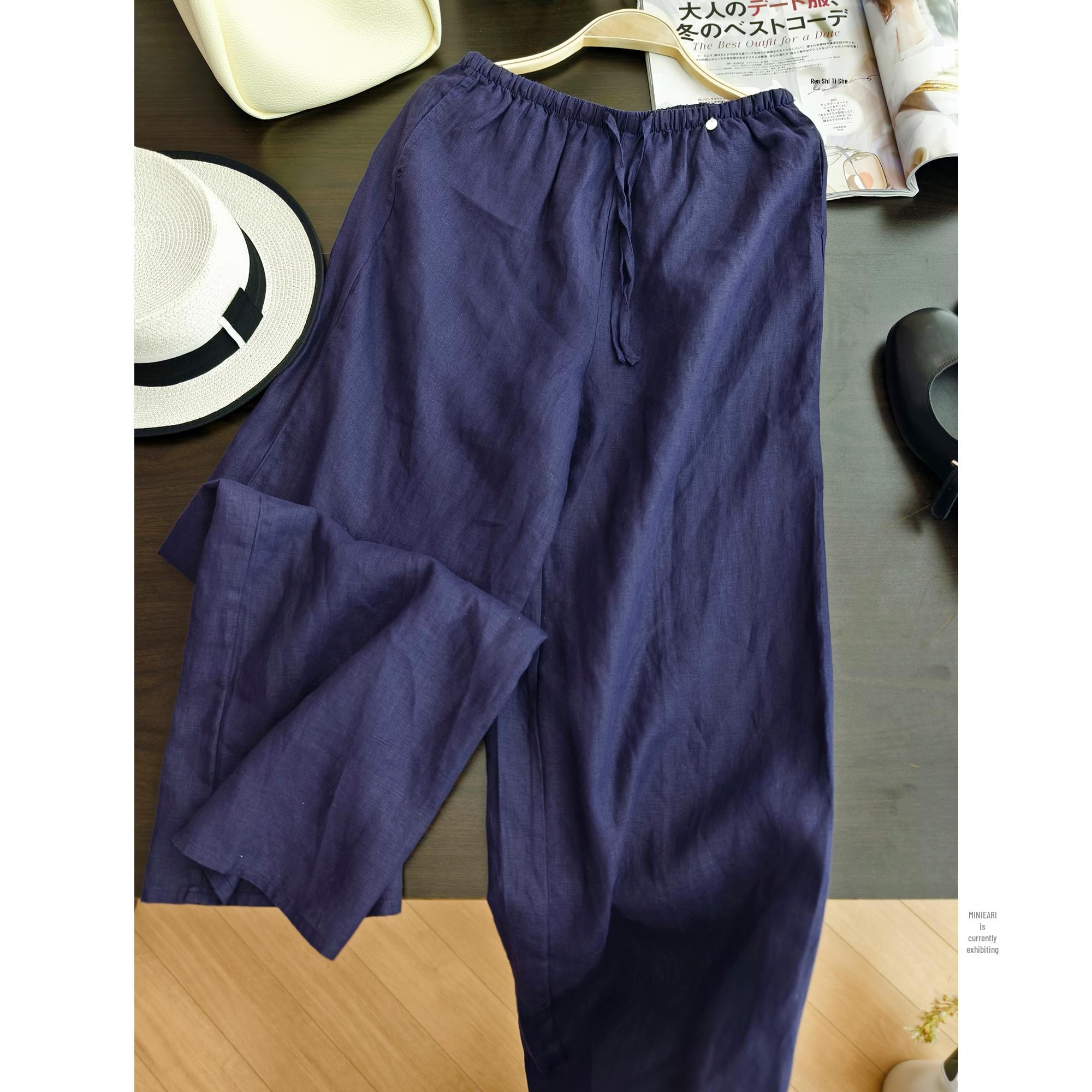 No Linen, No Summer: Women s 100% Linen Wide-Leg Pants with Elastic Waistband & Drawstring L