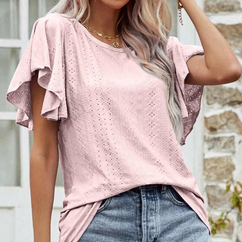Butterfly Sleeve Loose Women T-Shirt 2023 Summer Solid Hollow Ruffled Casual Tshirts Woman Fashion Round Neck Tees Tops 25978