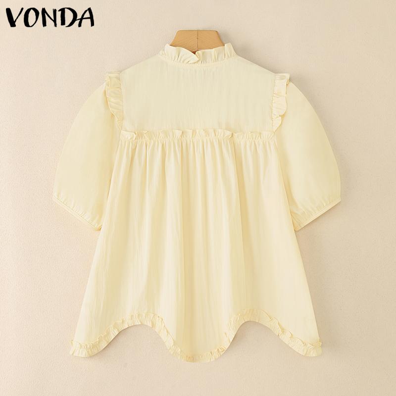 VONDA Women Ruffled Lace-up Neck Short Sleeve Casual Long Blouse