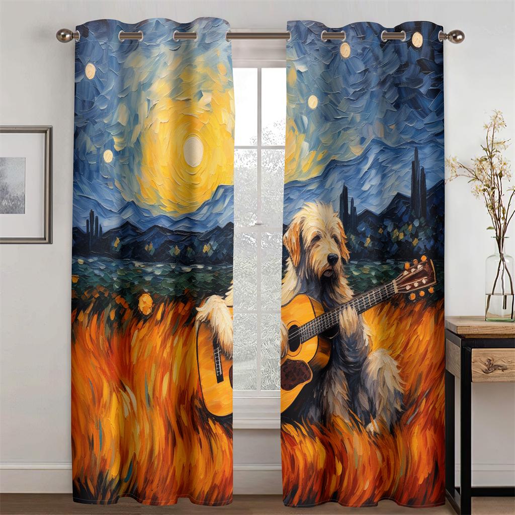 Pastoral Collie Guitar Curtains Van Gogh Oil Painting Style Living Room Bedroom Balcony Windows Decorative Curtains 2 Pcs
