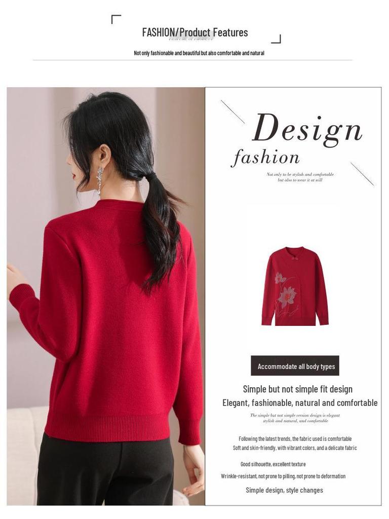New Mom's Autumn/Winter Fleece-Lined Warm Sweater: Stylish, Thick Base Shirt for Middle-Aged and Elderly.