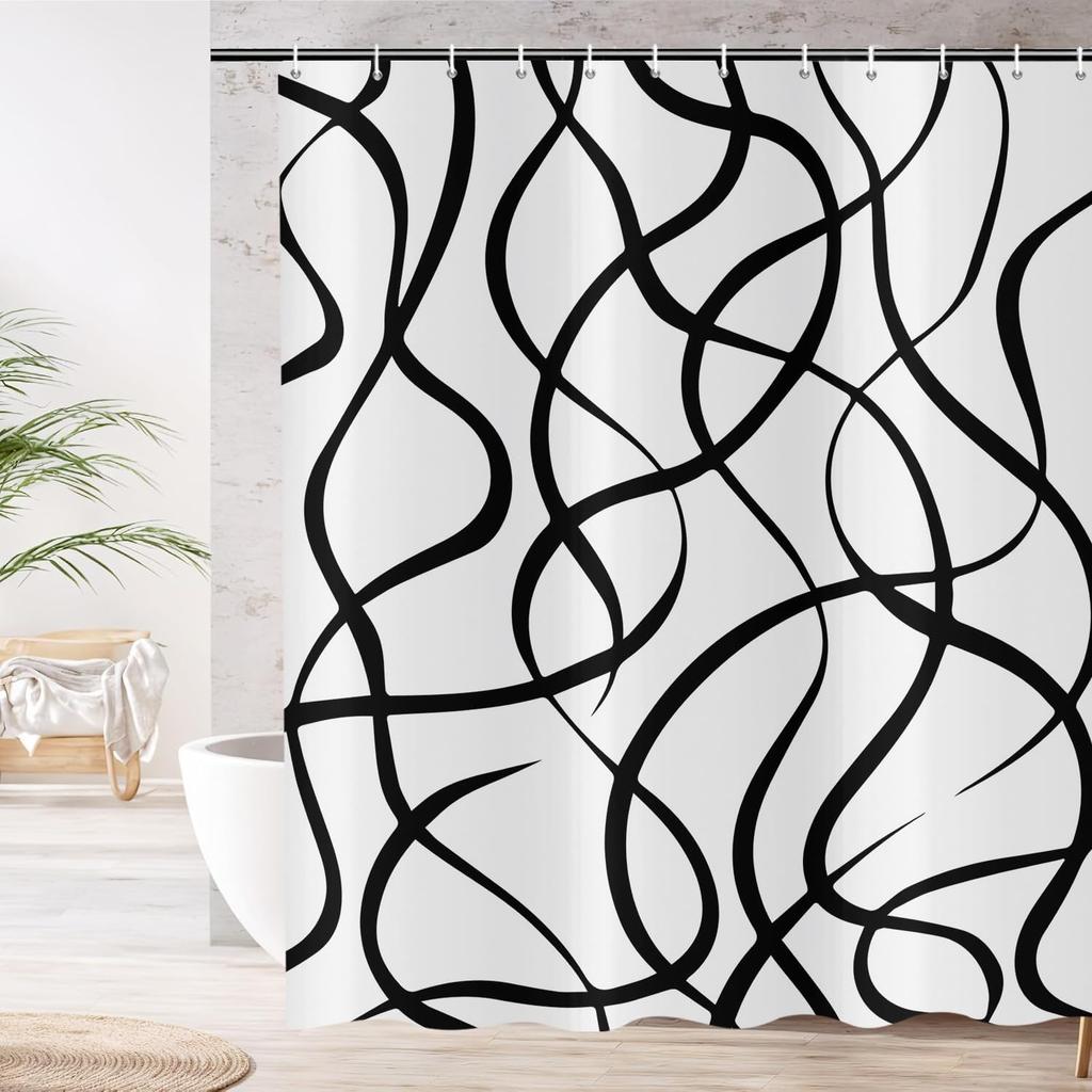 Black and White Shower Curtain, Modern Striped Wavy Line Bathroom Curtain Abstract Geometric Art Waterproof Fabric Bathtub