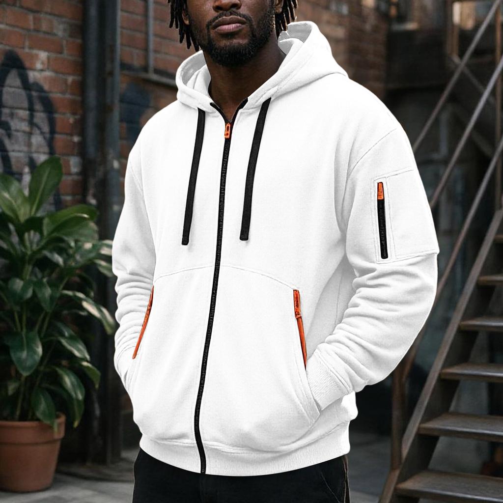 Men's Zip-Up Hooded Jacket with Multiple Pockets Athletic Casual Top for Daily Wear