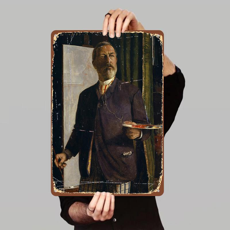 

Vintage Artist SelfPortrait Custom Metal Tin Painting European Character Unframed Wall Art for Living Room Study 7.9x11.8In(20x30cm)