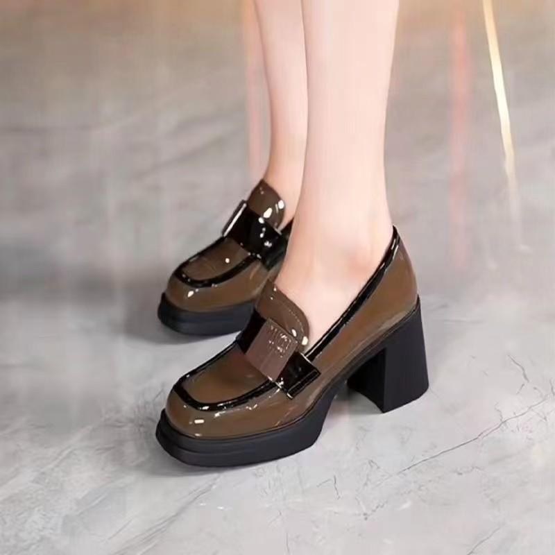 Small versatile square head platform comfortable high-heeled loafers women's autumn 2025 new small leather shoes thick-heeled single shoes