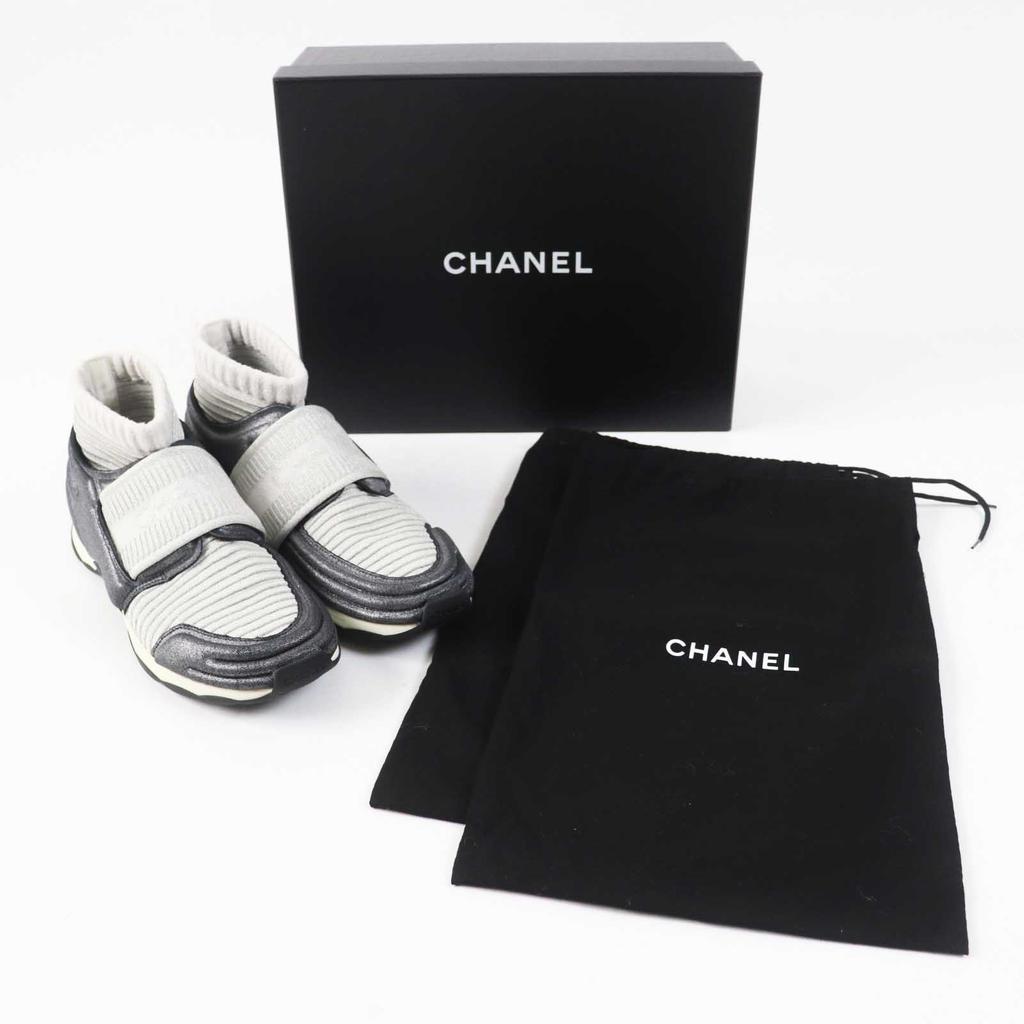 Very Good CHANEL Sneakers COCO Mark Logo Knit Sneakers/socks Gray Women 37.5 Used
