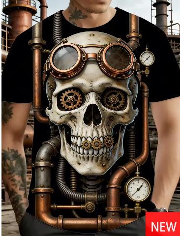 Summer Men s 3D Printed Skull Pattern T-Shirt Men s Short Sleeve Crew Neck Oversized T-Shirt Clothing Street S