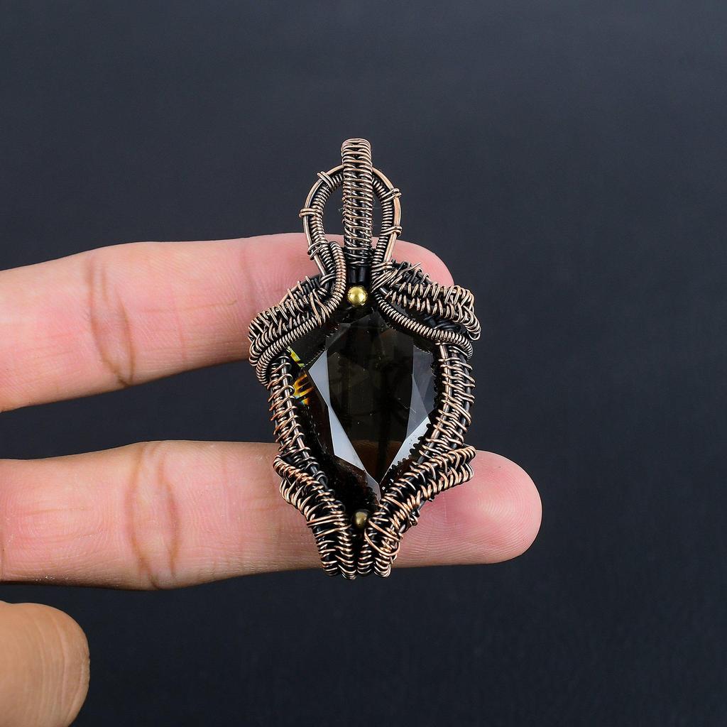 Smoky Topaz Jewelry, Handmade Gemstone Pendant, 999 Copper Wire Wrapped Pendant Antique Jewelry, For Engagement Gift