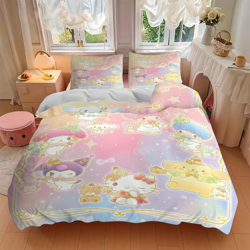 3pcs Joy and Happiness Sanrio Characters Quilt Cover Set - Soft & Comfortable Polyester Fabric, All-Season Breathable Comforter Set For 1 Quilt C