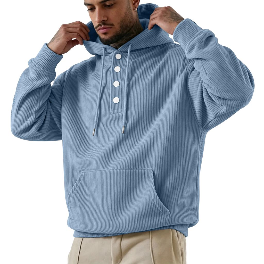 Sweat à capuche en velours côtelé pour homme, coupe ample, grandes poches, quatre boutons et, Sweatshirt décontracté de couleur