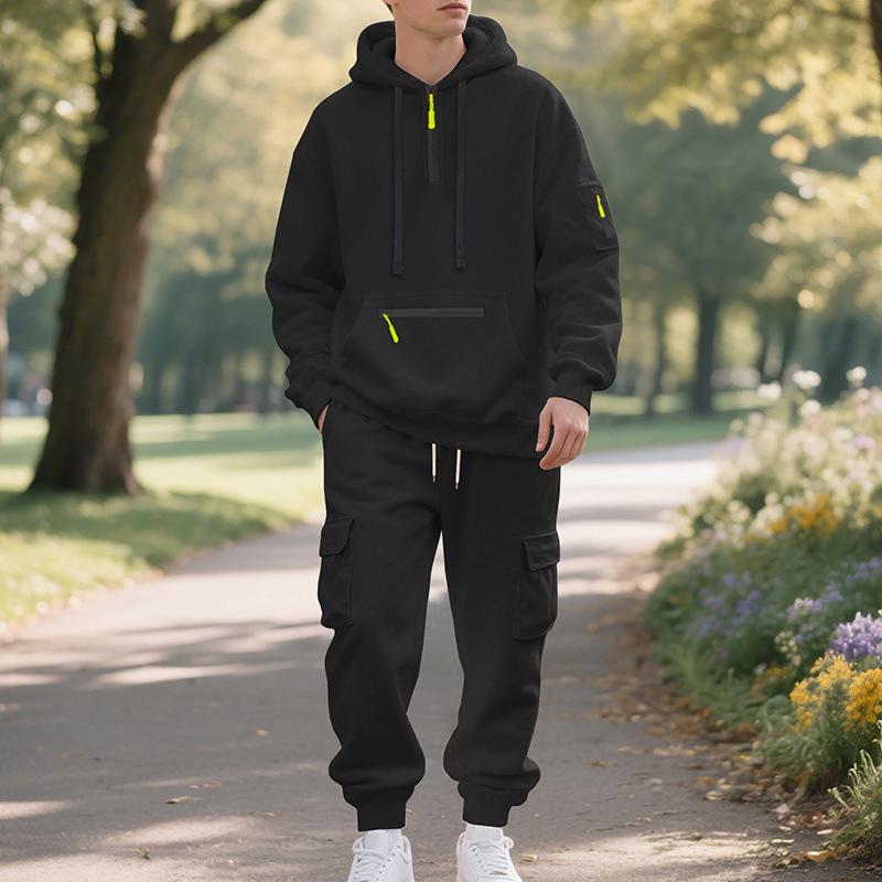 Mens Warm Thick Multiple Pockets Hooded Sweatshirt And Cuffed Sweatpants Two Piece Sports Set