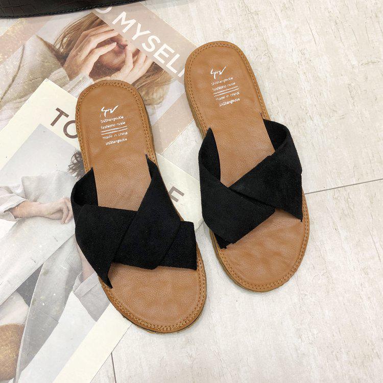 Coole Hausschuhe Damen Frühling und Sommer neue Mode Outerwear Ein-Wort-Sandalen flacher Absatz lässig Kreuz coole Hausschuhe