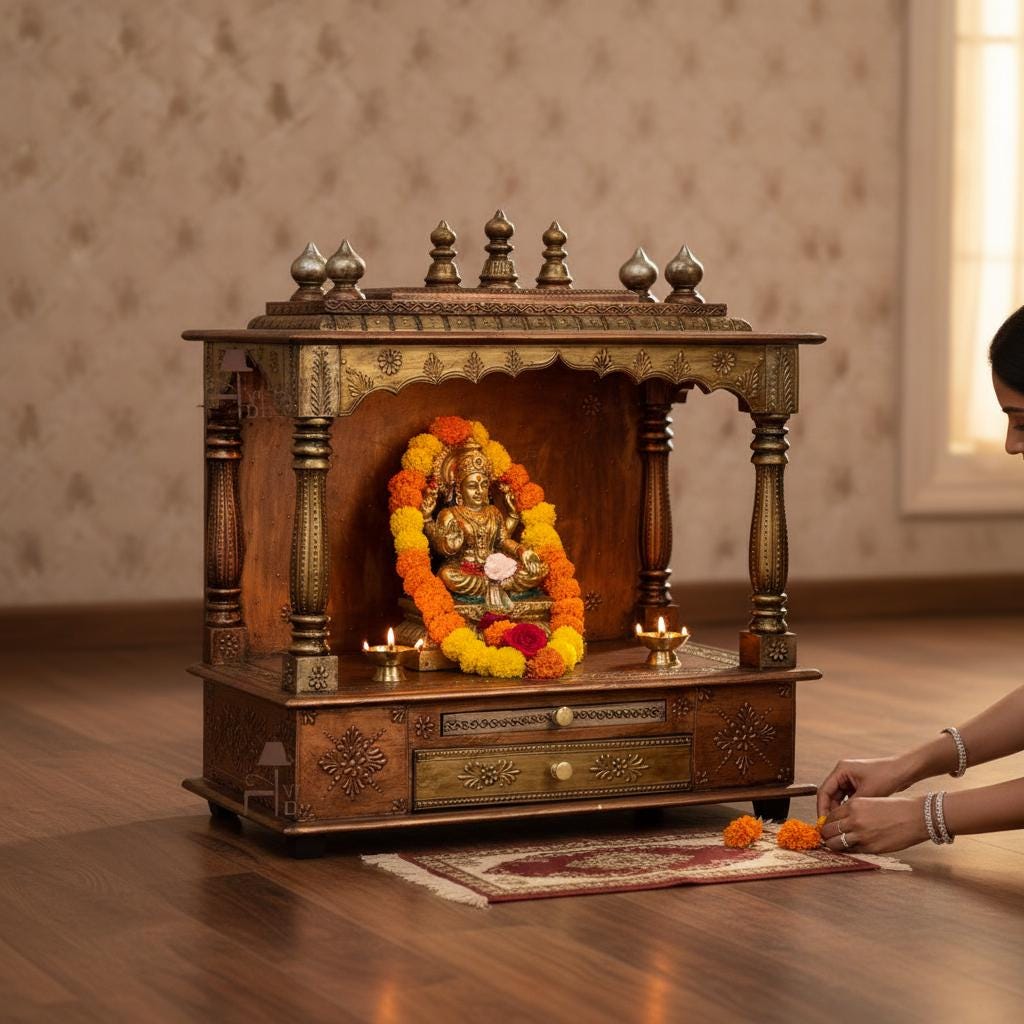

Wooden Temple for Home Decor | Copper Work Pooja Mandir | Indian Home Altar with Desk Drawer | Traditional Mandap for Prayer Room, Religion