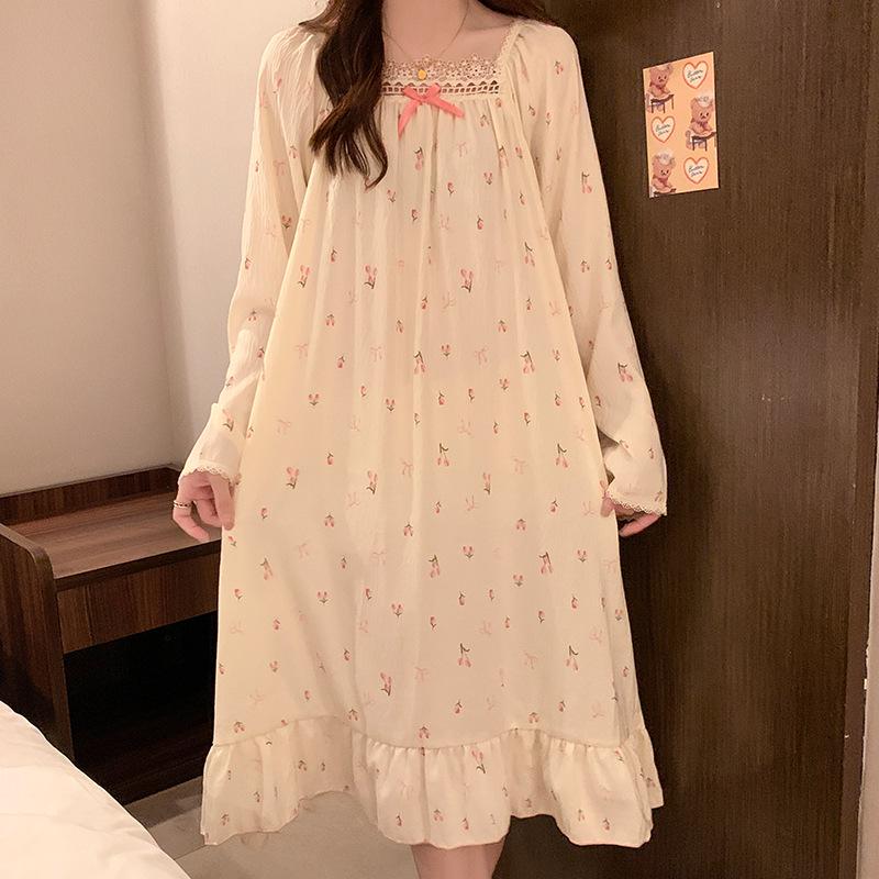 Plus Size Women s Cloud Cotton Lace Nightgown - Square Neck, Long Sleeve, Midi Length, Sweet Homewear L