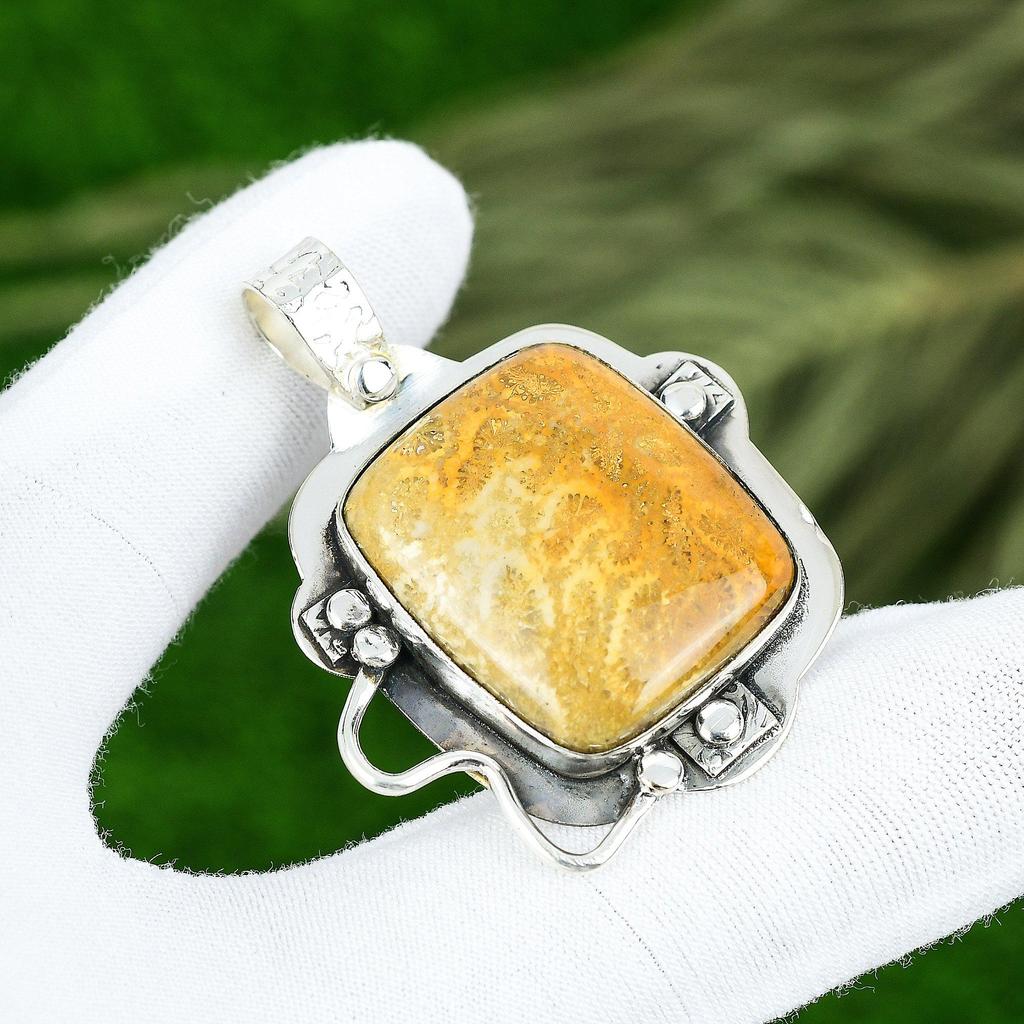 Cadou Pentru Ea Argint Sterling 925 Piatră Prețioasă Coral Fosil Natural Bijuterii Pandantiv