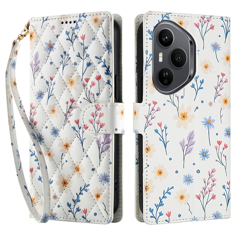 Für Honor 400 Pro 5G (Global) Brieftasche Hülle Rhombisches Blumendesign Leder Klapphandyhülle mit Riemen