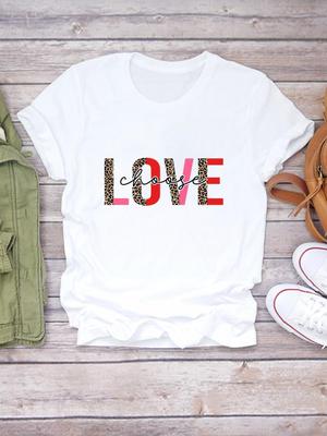 (Asian Size) Women Leopard Love Letter Trend Cute 90s Short Sleeve Fashion Print Lady Tee Top Clothing Casual Tshirt Female Graphic T-shirts