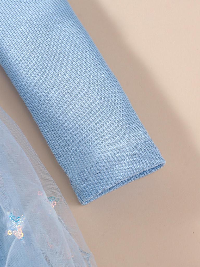 Girls Blue Castle Print Tulle Dress Kids Ruffle Long Sleeve Princess Dress
