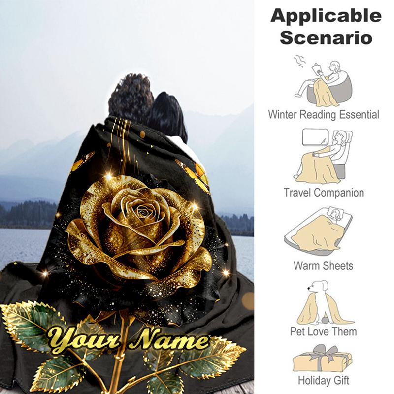 1PC Custom Name Golden Rose Elegance flannel blanket versatile,all-season throw suitable for the living room,bedroom,camping,travel,and gift