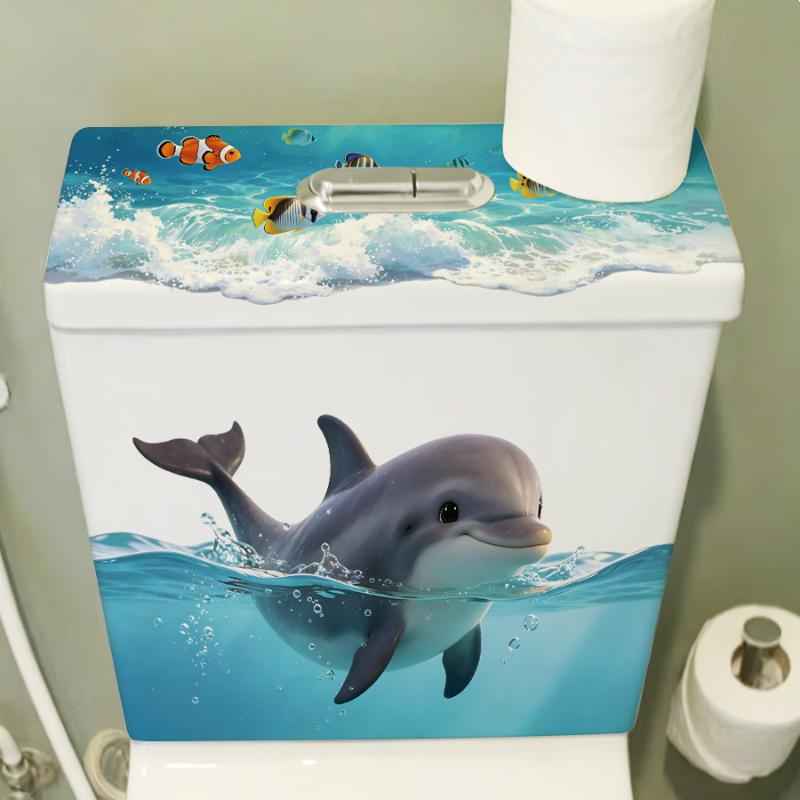 Cute Dolphin Toilet Tank Sticker Ocean Wave Vinyl Decal For Bathroom Decor Adhesive Home Decoration Accessories
