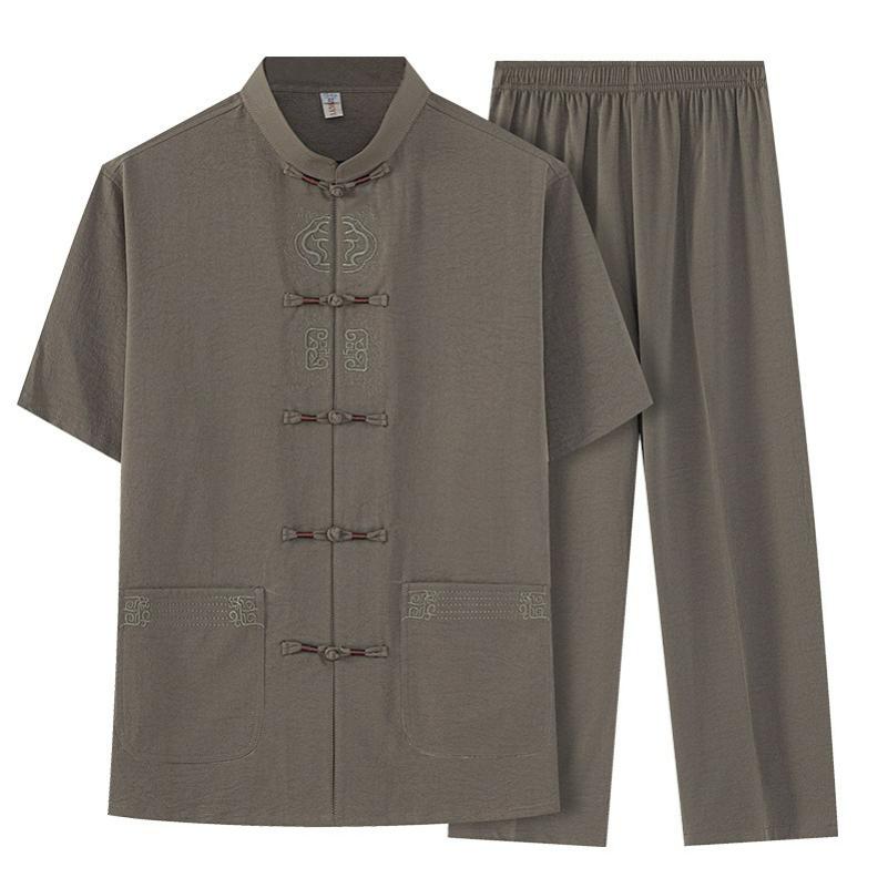 Chinese Style Chinese Style Cotton and Linen Men's Tang Suit Jacket Short-sleeved Men's Summer Shirt Tai Chi Suit