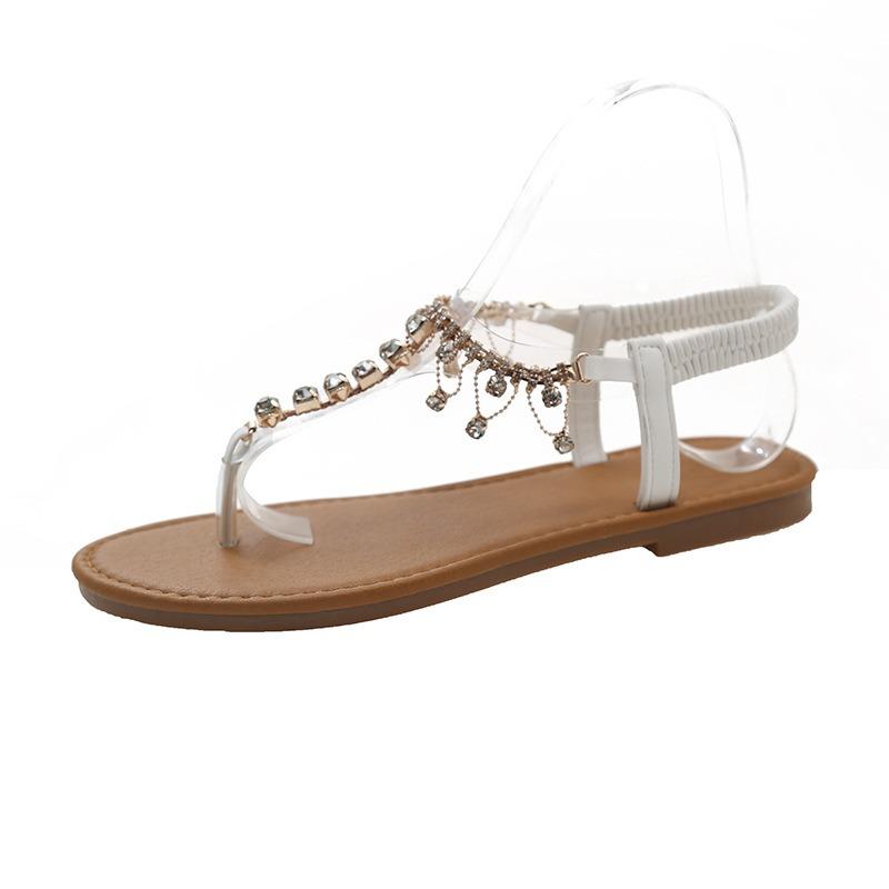Mezzanin-Sandalen Damen neue flache Strandschuhe Strass elastisch ein Pedal große Größe