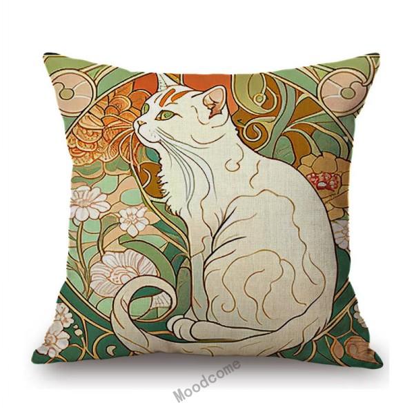 Black White Cat Nouveau Art Floral Background Mucha Style Retro Cotton Linen Sofa Throw Pillow Case Home Decor Cushion Cover