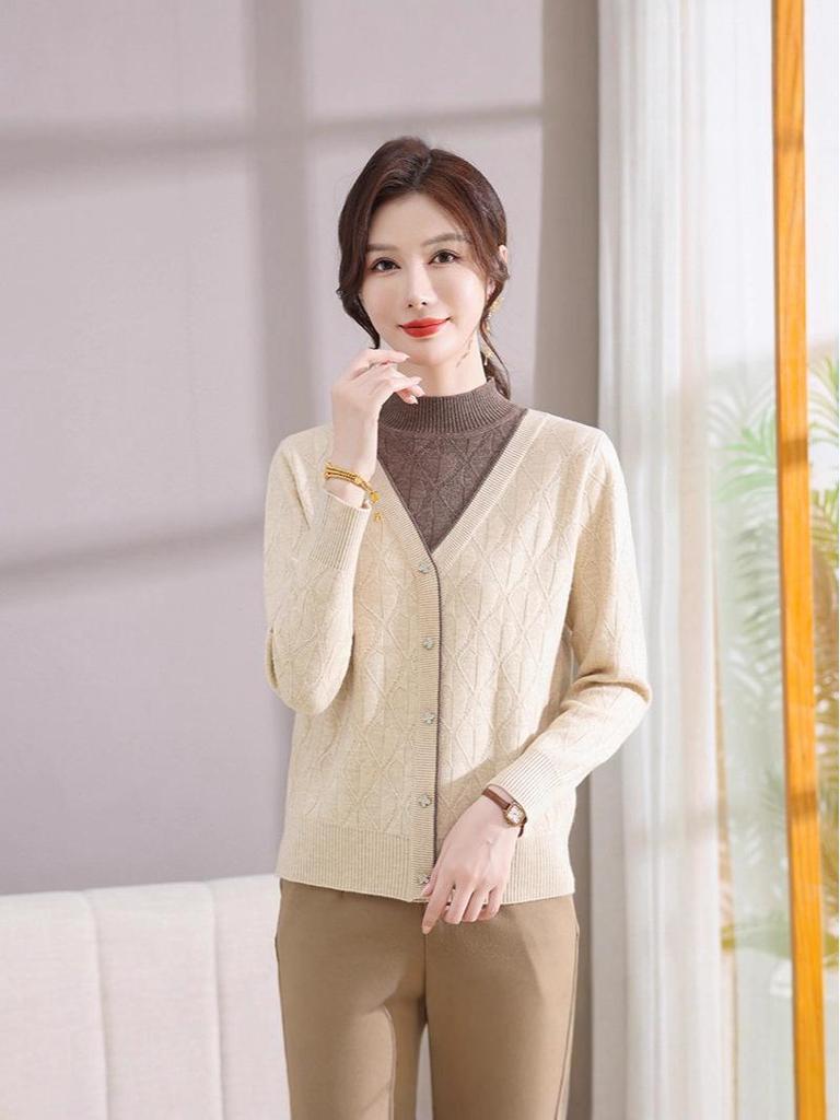 Women's Knit Pullover Sweater: Semi-High Neck, Two-Piece Look, Autumn/Winter Style for Middle-Aged.