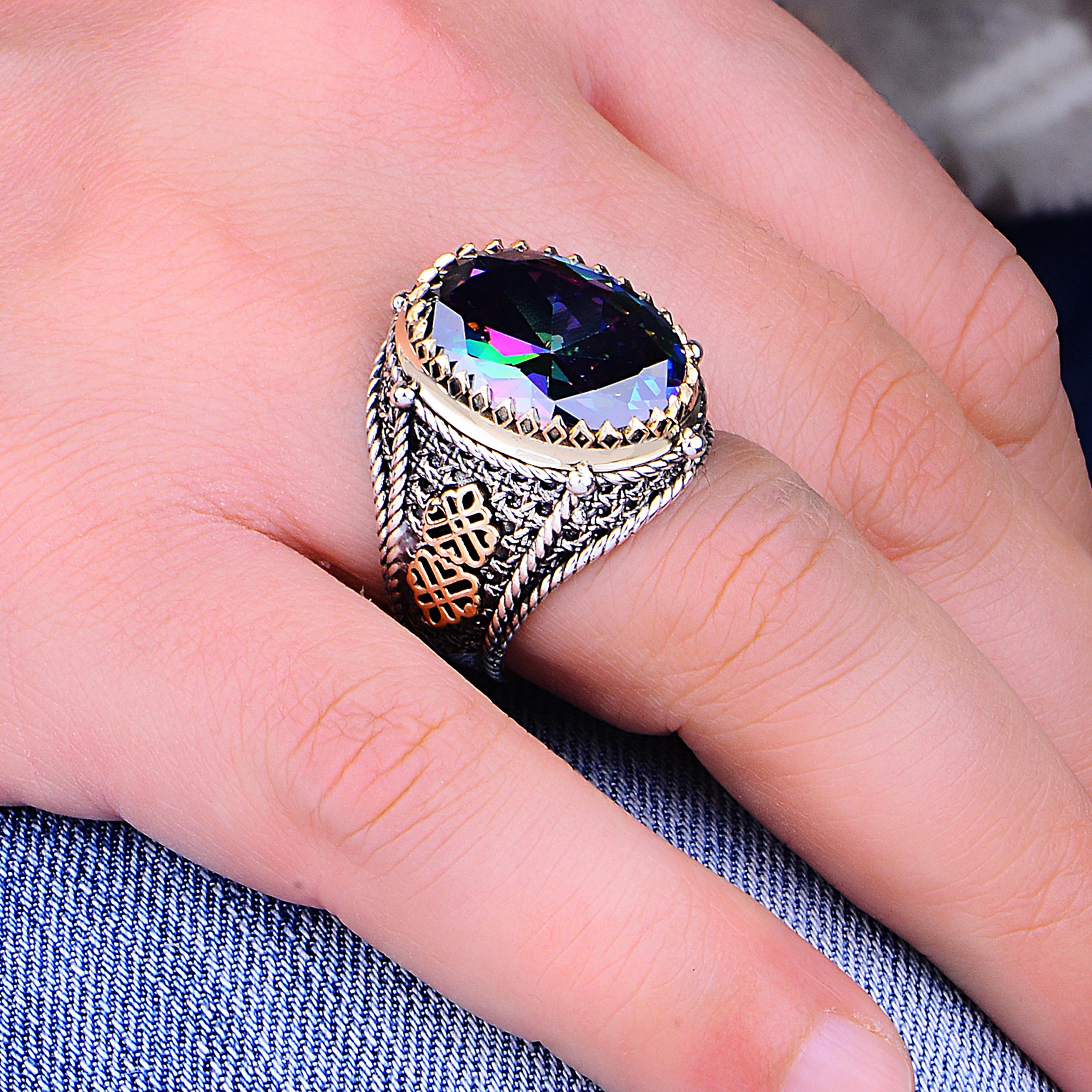 

Серебряное мужское кольцо с мистическим топазом, простое и стильное мужское кольцо, турецкое мужское кольцо из стерлингового серебра 925 пробы Hnadcraft