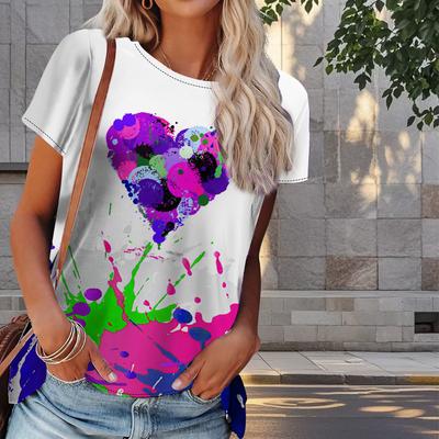 Women Summer T Shirt Colorful Love Print Retro Fashion Short Sleeve Tees Casual Printed Tops