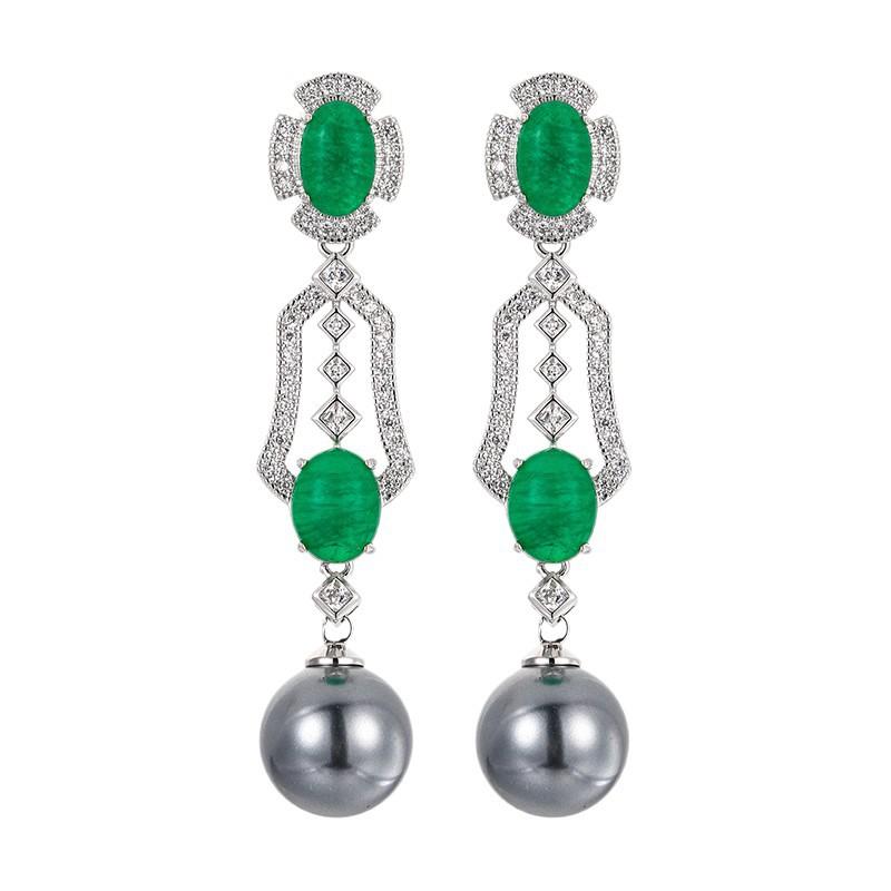 New Jewelry Earrings Australian White Pearl Long Tassel Emerald Socialite Temperament Fashionable Women's Style Imitation