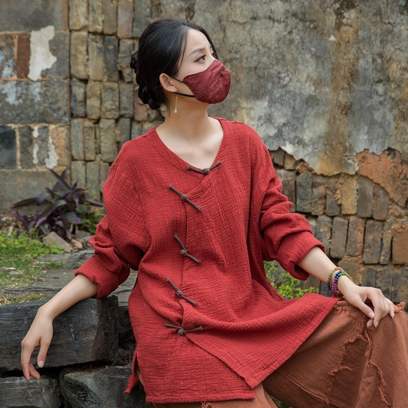 

Johnature Women Vintage Shirts Tops V-Neck Long Sleeve Solid Color Blouses Spring Chinese Style Shirts One Size