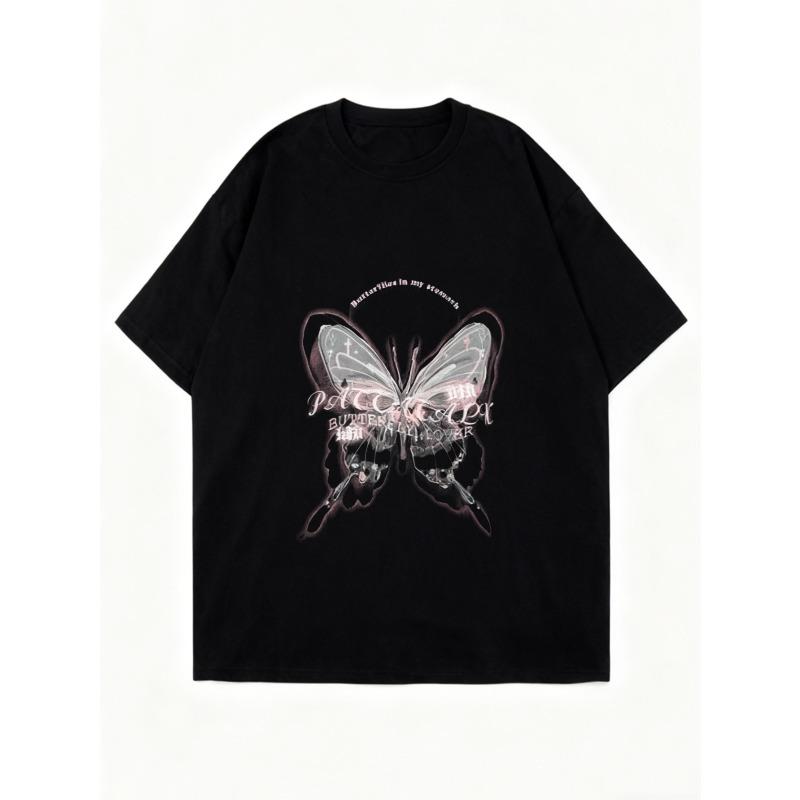 Oversized T Shirt Black Butterfly Print With Text Graphic Women Casual Streetwear Fashion Top Summer Outfit