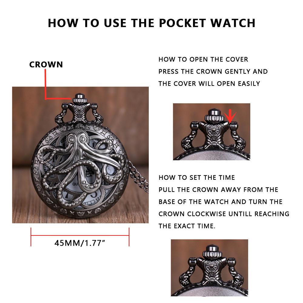 Vintage Svart och Brons Bläckfiskmönster Kvarts Fickur Med Kedja Gåva för Pojkar Chronograf Hombre Klockor