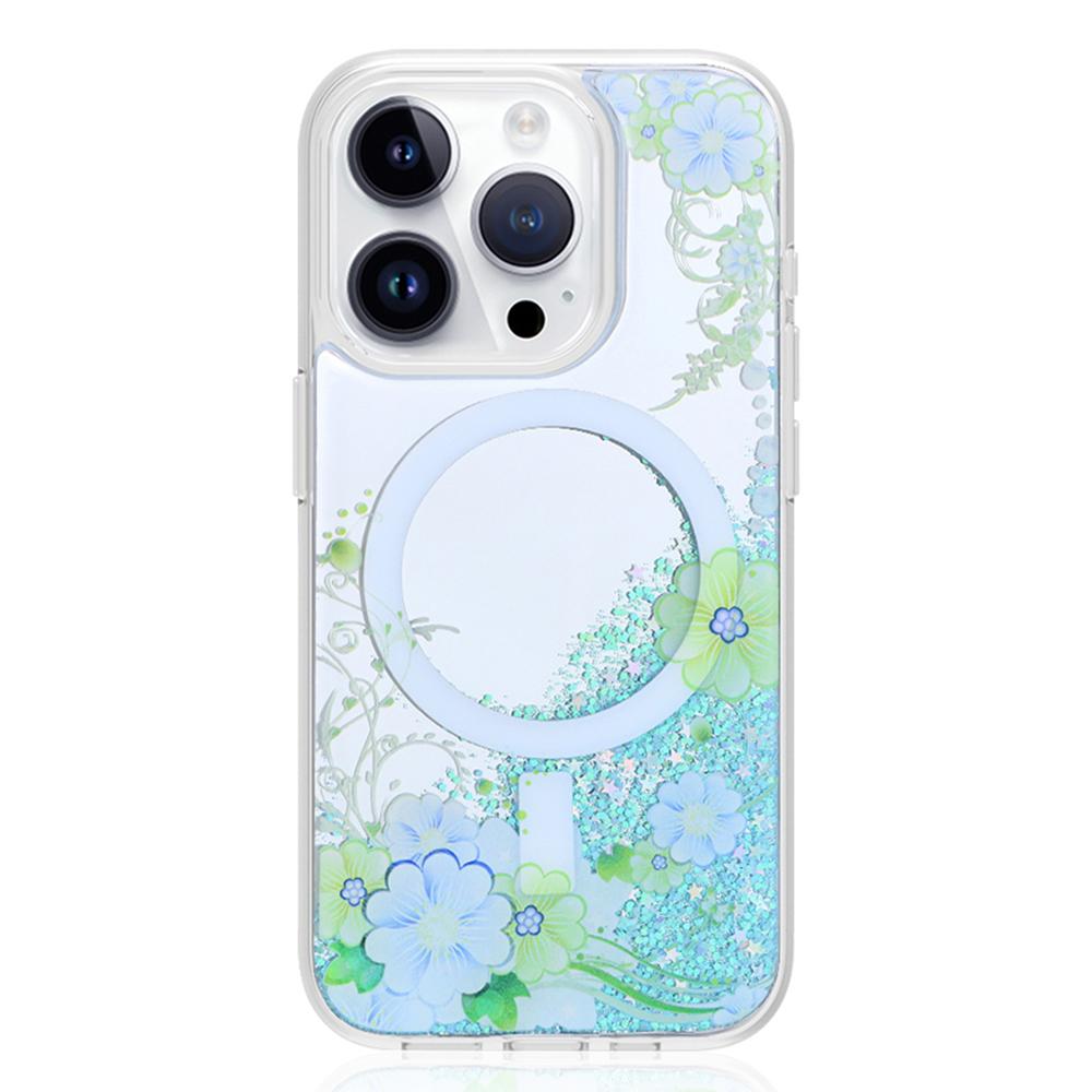 

JAUCASE For iPhone 15 Pro Max Case Flower Pattern Mirror Surface TPU+PC Magnetic Cover Green Flower