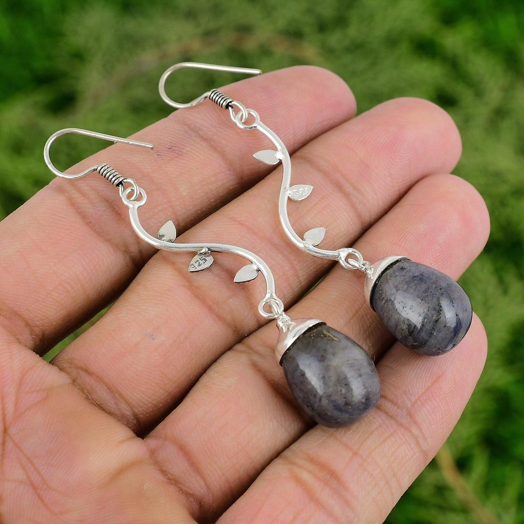 Blue Aventurine Gemstone Sterling Silver Wedding Wife Drop Bezel Hook Earrings