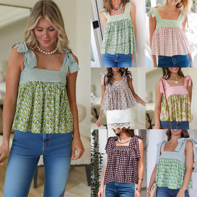 New Style Women's Sleeveless Tie-up Printed Camisole for Spring/Summer