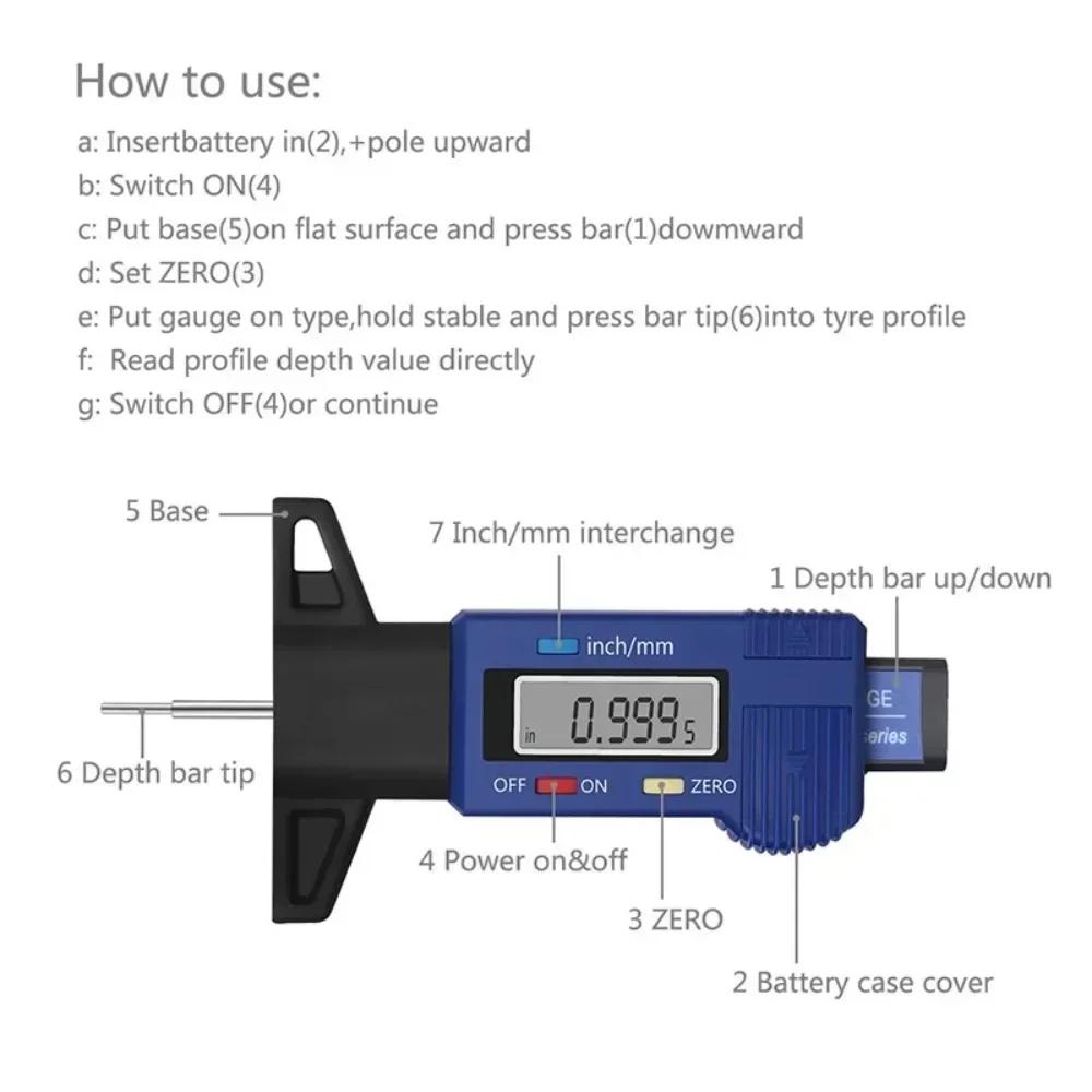 Digital Tyre Tread Depth Tester Measuring Gauge Automotive Tyre Wear Inspection Multi-function Digital LCD Display