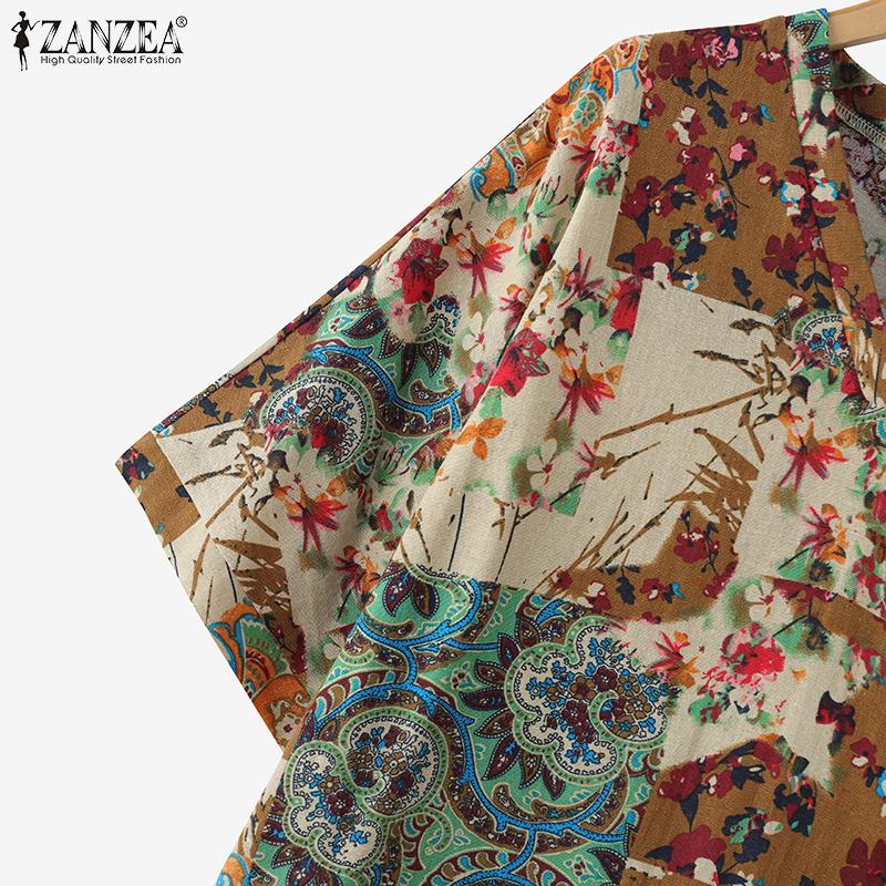 ZANZEA Womens Vintage Short Sleeve Floral Print Casual Long Dress